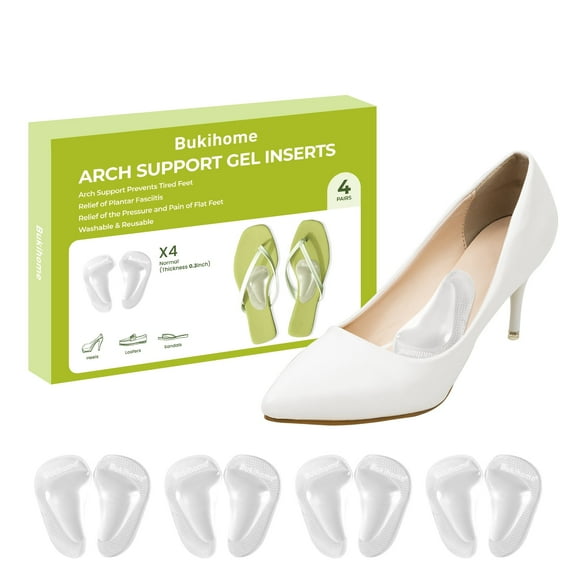 Bukihome Arch Support Shoe Insoles & Insert - Gel Arch Inserts for Flat Feet, Plantar Fasciitis - Adhesive Arch Pad for Foot Pain Relief - All Day Comfort - 0.3 Inch - 4 Pairs (Clear)