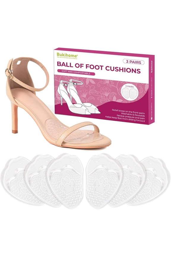 Ball of Foot Cushions for Women - 3 Pairs Metatarsal Pads, Non-Slip High Heel Inserts for Pumps & Sandals, Foot Pain Relief, Clear, L