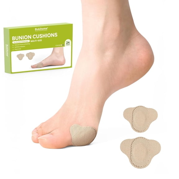 Bukihome Bunion Pads to Wear with Shoes - 24 Pcs Moleskin for Feet - Water-Resistant - Bunion Pain Relief Cushions for All-Day Comfort & Protection (Multi-Size)