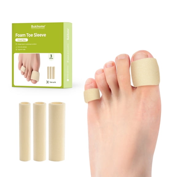 Bukihome Cuttable Toe Tubes Sleeves - Foam Toe Protectors for Corns, Calluses, Blisters - Fabric & Breathable Gel Lining Toe Sleeve Protectors Relief Pressure Pain - 3 Count, White