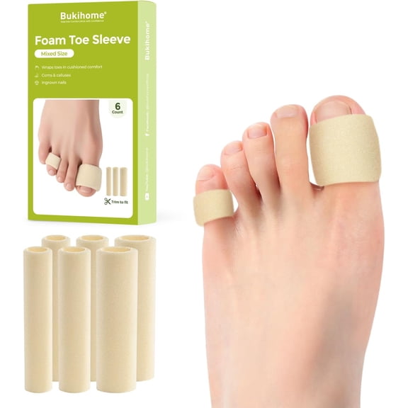 Bukihome Cuttable Toe Tubes Sleeves - Foam Toe Protectors for Corns, Calluses, Blisters - Fabric & Breathable Gel Lining Toe Sleeve Protectors Relief Toe Pressure Pain - 6 Count, White