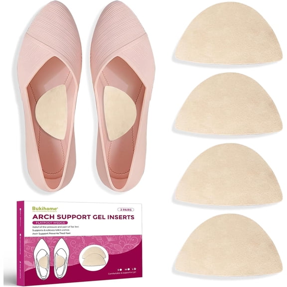 Bukihome Gel Arch Support Inserts, Anti-Gravity, 2 Pairs Self-Adhesive, For High Arches & Flat Feet, Pressure Relief, Beige, Large