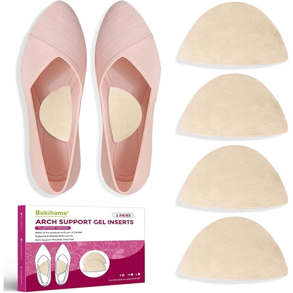 Bukihome Gel Arch Support Inserts, Anti-Gravity, 2 Pairs Self-Adhesive, For High Arches & Flat Feet, Pressure Relief, Beige, Small