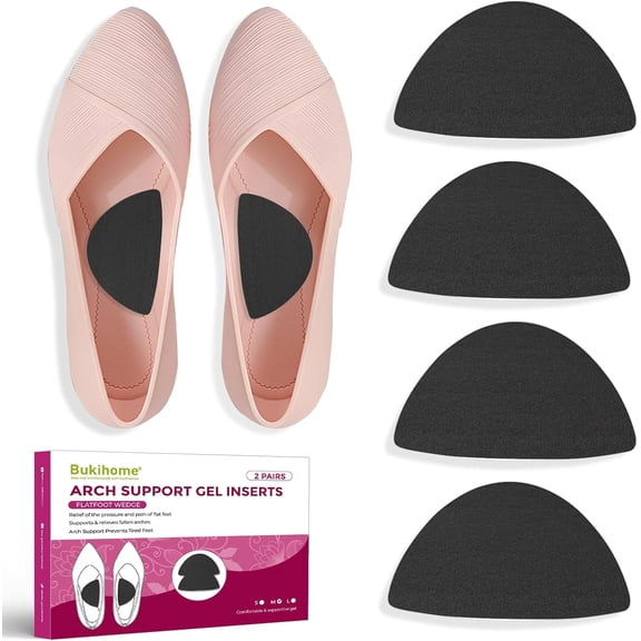 Bukihome Gel Arch Support Inserts, Anti-Gravity, 2 Pairs Self-Adhesive, For High Arches & Flat Feet, Pressure Relief, Black, Medium