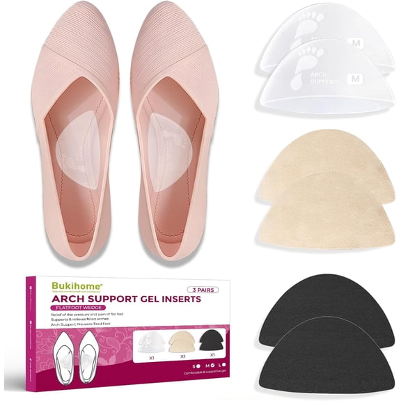 Bukihome Gel Arch Support Inserts, Anti-Gravity, 3 Pairs Self-Adhesive, For High Arches & Flat Feet, Pressure Relief, Medium