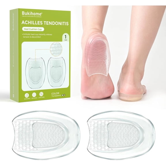Bukihome Gel Heel Cups for Achilles Tendonitis & Plantar Fasciitis - Shock Absorbing Inserts for All-Day Comfort, Clear, S, 1 Pair