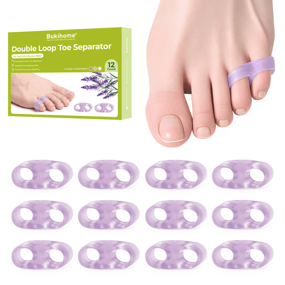 Bukihome Gel Pinky Toe Separator for Tailor's Bunion Pain Relief 12 Pcs for Heels Sneakers,Purple