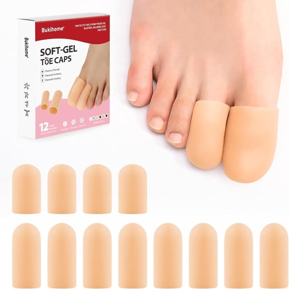 Bukihome Gel Toe Caps Protectors, 12 Pack Cuttable Latex-Free Silicone Toe Sleeves for Pain Relief, Friction Blisters, Corns, Calluses, Fits All Shoes for Men & Women