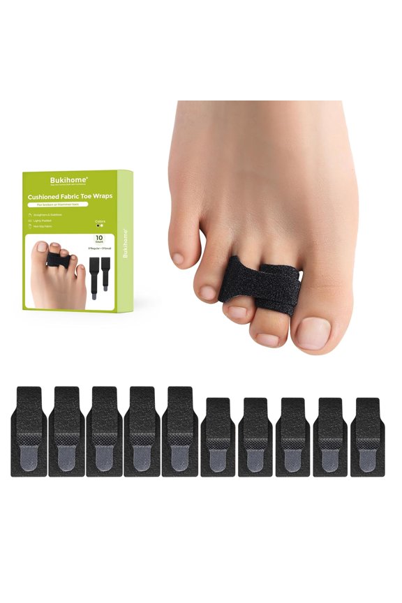 Hammer Toe Straightener 10 Packs, Adjustable Toe Splint for Toe Fracture & Injury, Non-Slip Fabric Toe Brace for Women & Men (5 Large + 5 Small, Black)