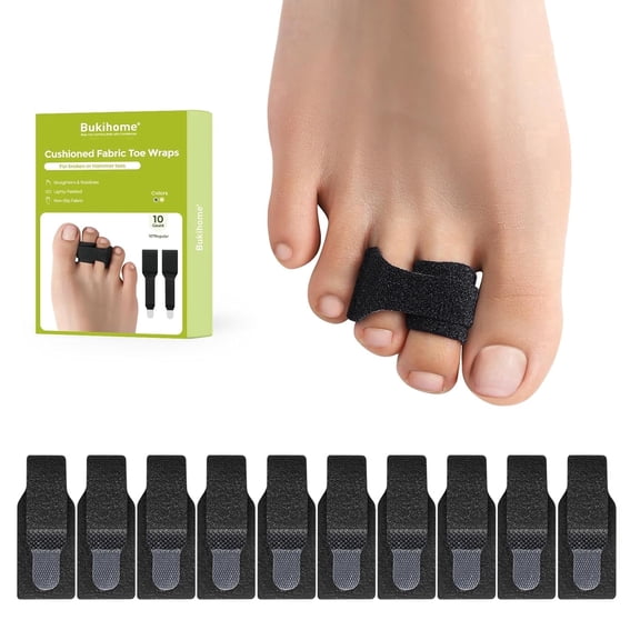Bukihome Hammertoe Corrector - 10 Pack Toe Straighteners - Broken Toe Wraps - Realign Bent, Curled, Crooked, Claw, Hammer Toes - Toe Corrector Splints for Men and Women (Large, Black)