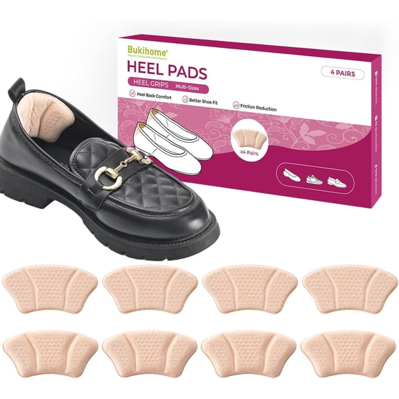 Bukihome Heel Grips for Loose Shoes - 4 Pairs Anti-Slip Cushion Inserts, Beige