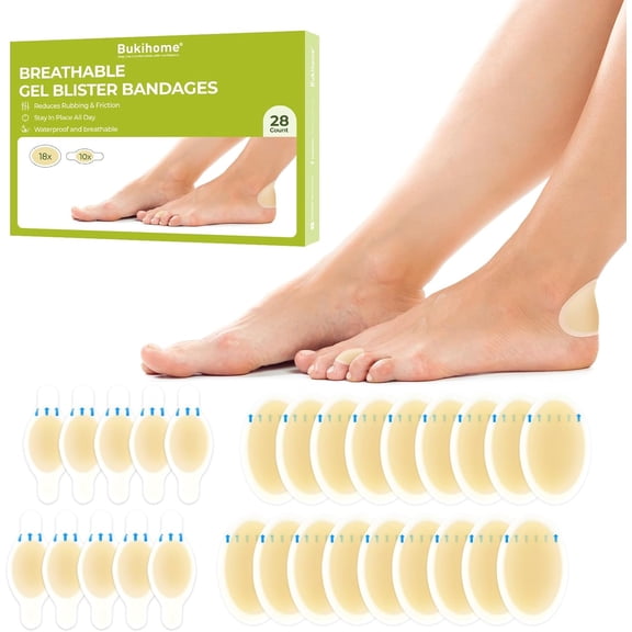 Bukihome Hydrocolloid Gel Blister Bandages - 28 CT Adhesive Blister Pads for Heel, Feet, Toe & Fingers, Blister Prevention for Travel & Hiking, Variety Pack