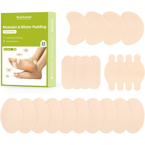 Bukihome Moleskin Adhesive Pads for Feet - Blister Prevention Tape - Moleskin Padding for Blisters, Shoes, Toes, Heel, Reduce Friction Pain - 11 Sheets of 4 Shapes (22 Pieces Total, Beige)