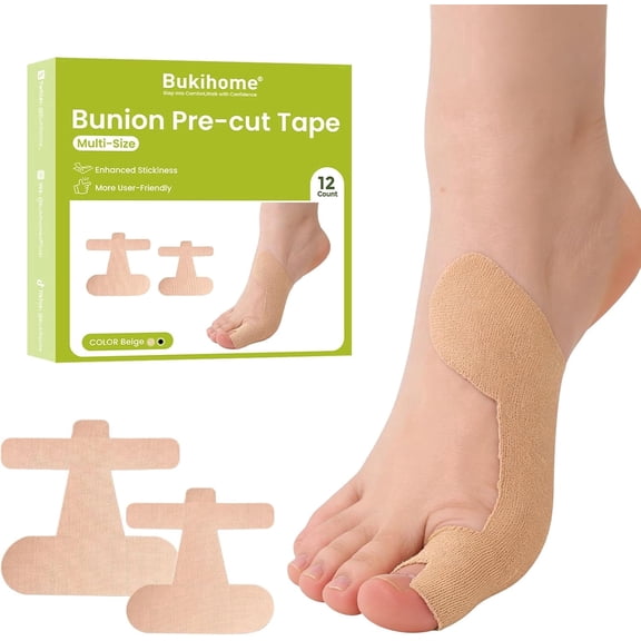 Bukihome Pre-Cut Bunion Support Tape for Big Toe Pain Relief, 2 Sizes 12 Pcs, Waterproof & Sweat-Resistant, Skin-Friendly Beige Pads for Women Men