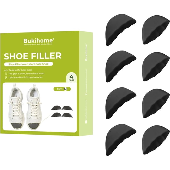 Bukihome Shoe Filler Inserts for Loose Shoes, 4 Pairs Shoe Toe Fillers for Men & Women, Adjustable Foam Insoles for Extra Space, Shoe Stuffers for Sneakers, Boots, Flats (Black, Medium Size)