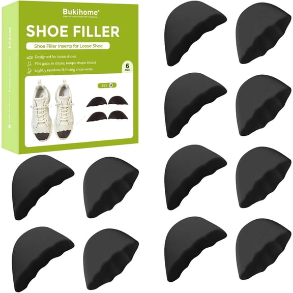 Bukihome Shoe Filler Inserts for Loose Shoes, 6 Pairs Shoe Toe Fillers for Men & Women, Adjustable Foam Insoles for Extra Space, Shoe Stuffers for Sneakers, Boots, Flats (Black, Medium Size)