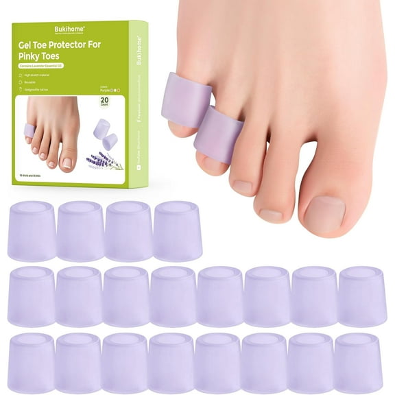 Bukihome Silicone Toe Protectors  Silicone Open Pinky Toe Sleeves for Hammer Toes, Corns, Calluses, Blisters  Soft Gel Protector Toe Cushions for Pain Relief - 20 Count, Lavender (10 Thick +10 Thin