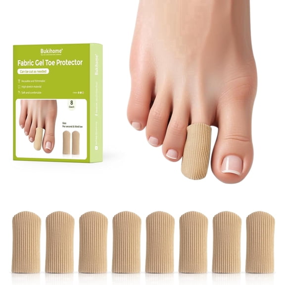 Bukihome Surface Fabric Sleeve Gel Toe Protectors for Women & Men, Trimmable & Reusable Toe Cushions for Corns, Blisters, Calluses, Medium Size,Pack of 8pcs