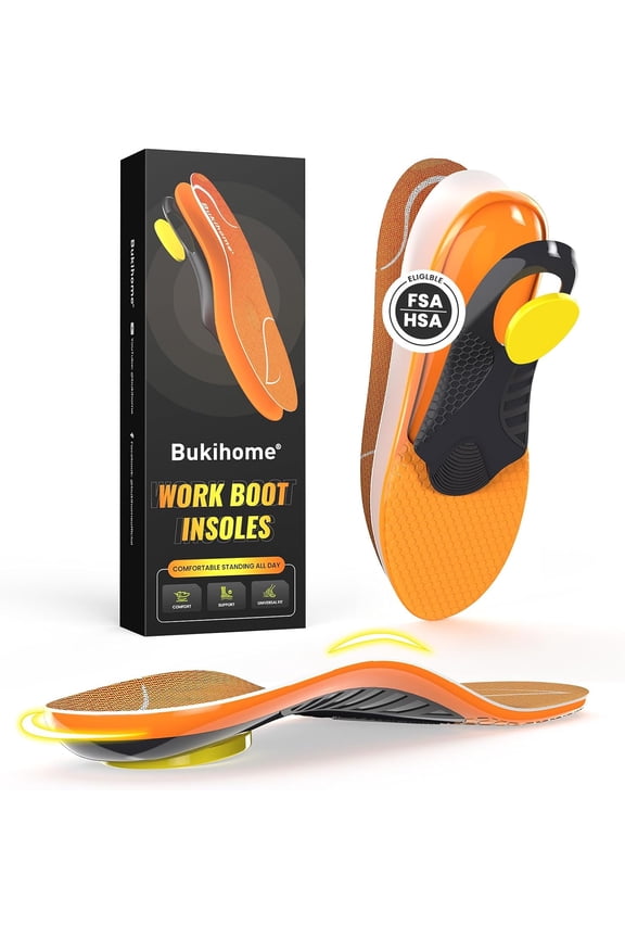 Work Boot Insoles for Construction & All-Day Standing - Heavy Duty Orthotic Inserts with Shock Absorption, Arch Support & Fatigue Reduction, Durable Support for Work Boots, M