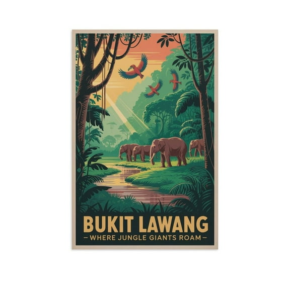 Bukit Lawang Sumatra Indonesia Elephant Jungle Vintage Travel Poster Gunung Leuser National Park Retro Wall Decor Print Poster