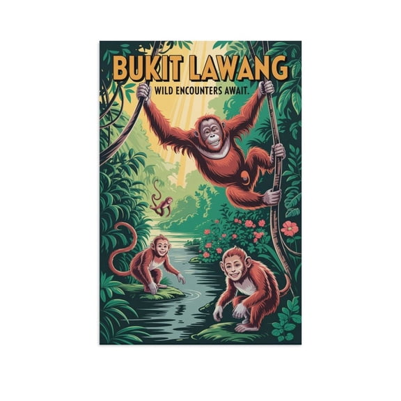 Bukit Lawang Wild Encounters Vintage Travel Poster Sumatra Indonesia Retro Jungle Wall Art Gunung Leuser National Park Canvas Poster