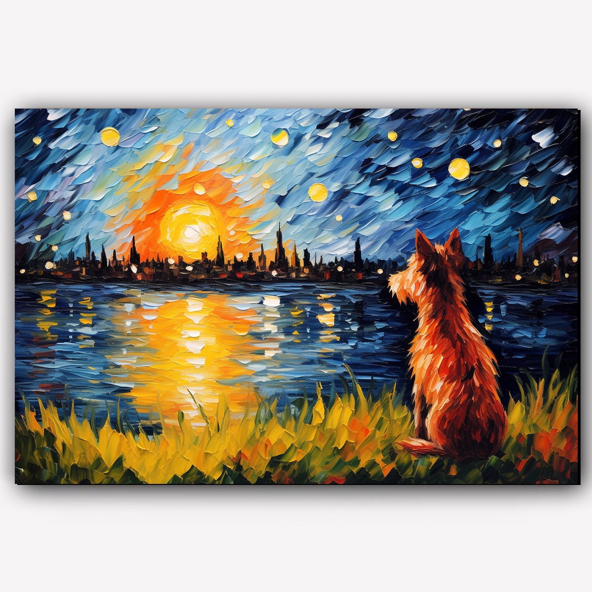Bul Terrier Canvas Wall Art with Starry Night Van Gogh Painting ...