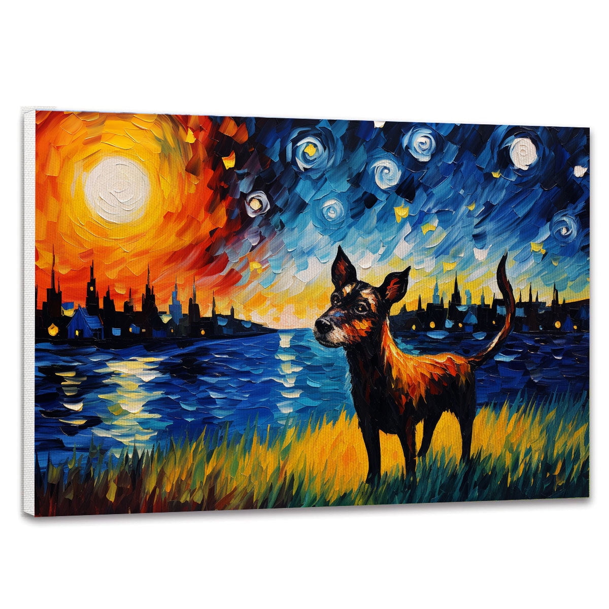 Bul Terrier Canvas Wall Art with Starry Night Van Gogh Painting ...