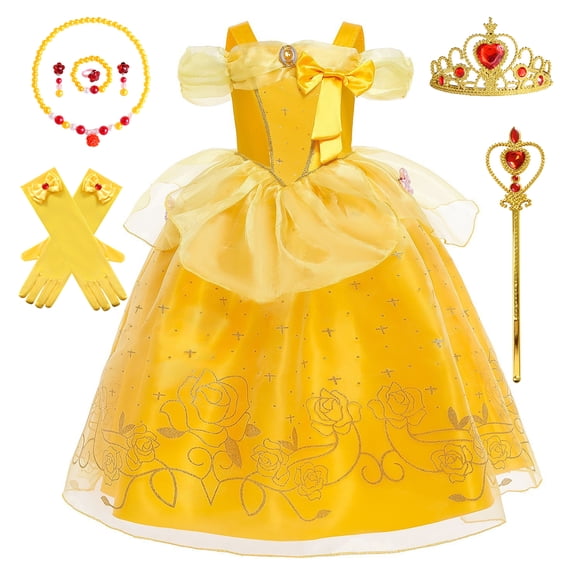 Bulala Princess Dress for Girls Costume Kids Off Shoulder Layered Toddler Halloween Cosplay Birthday Party Outfit up Yellow 120 cm 5-6 Years