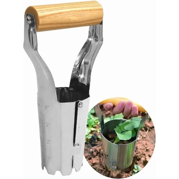 Bulb Planter Tool, 4 Inches Depth Mark Hand Bulb Planter, Non-Bending Stainless Steel Bulb Planter Digger, Garden Bulb Transplanter with Comfortable Grip Wooden Handle for Tulip and Daffodils