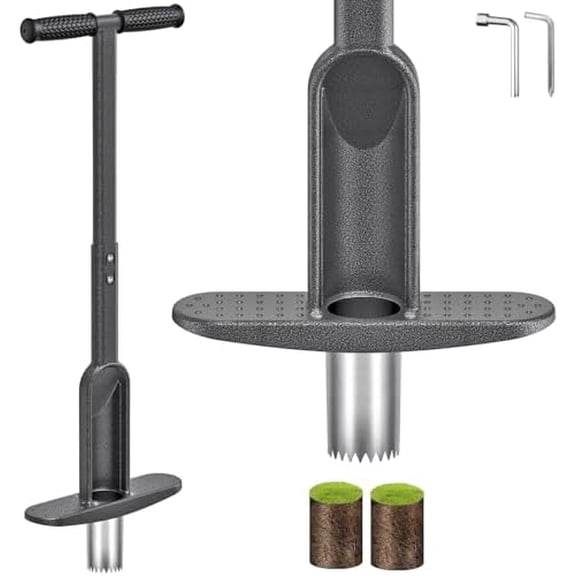 Bulb Planter Tool w/Soft Rubber Grip, Grass Plugger Tool w/Stainless Steel Sharp Serrations, pre-Assembled Sod Plugger w/Centre Auto Dump Design for Lawn Planting Bulbs and Grass Repair