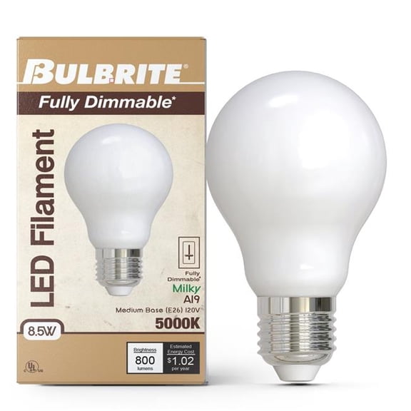 Bulbrite 862072 8.5W Dimmable A19 Shape 5000K Filament LED Bulb, Milky - Pack of 4