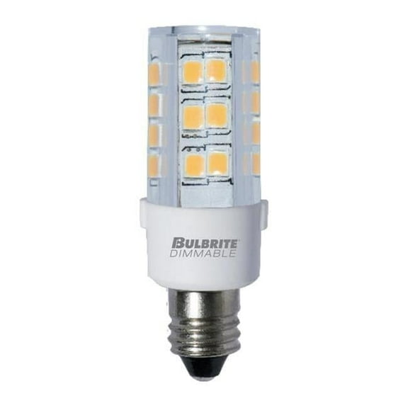 Bulbrite Pack of (2) 4.5 Watt 120V Dimmable Clear T4 LED Mini Light Bulbs with Mini-Candelabra (E11) Base  3000K Soft White Light  400 Lumens