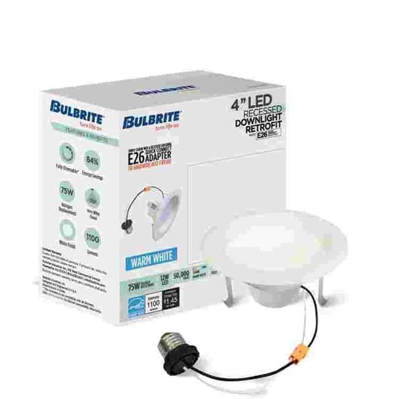 Bulbrite 862652 4 in. 12W LED High Lumen Downlight Retrofit Smooth Round Dimmable - 80CRI 2700K 120V Light, White - Pack of 4