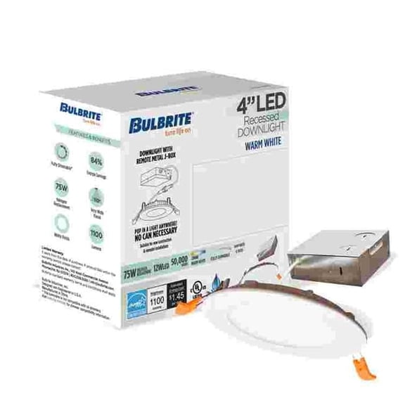 Bulbrite 862657 4 in. 12W LED High Lumen Recessed Downlight with Metal Jbox Round Dimmable - 80CRI 2700K 120V, White - Pack of 4
