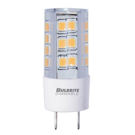 Bulbrite Pack of (2) 4.5 Watt 120V Dimmable Clear T4 LED Mini Light Bulbs with Bi-Pin (GY8) Base 2700K Warm White Light 400 Lumens