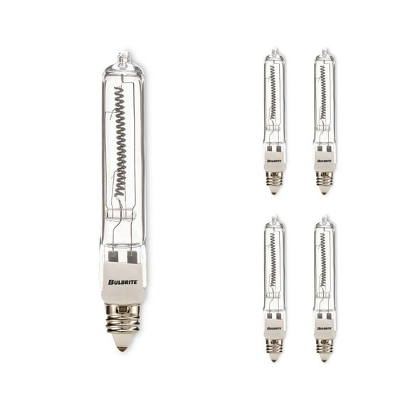 Bulbrite Pack of (5) 120V Dimmable T4 Halogen Mini Light Bulbs with Mini-Candelabra (E11) Base, 2900K Soft White Light Clear 500 Watt