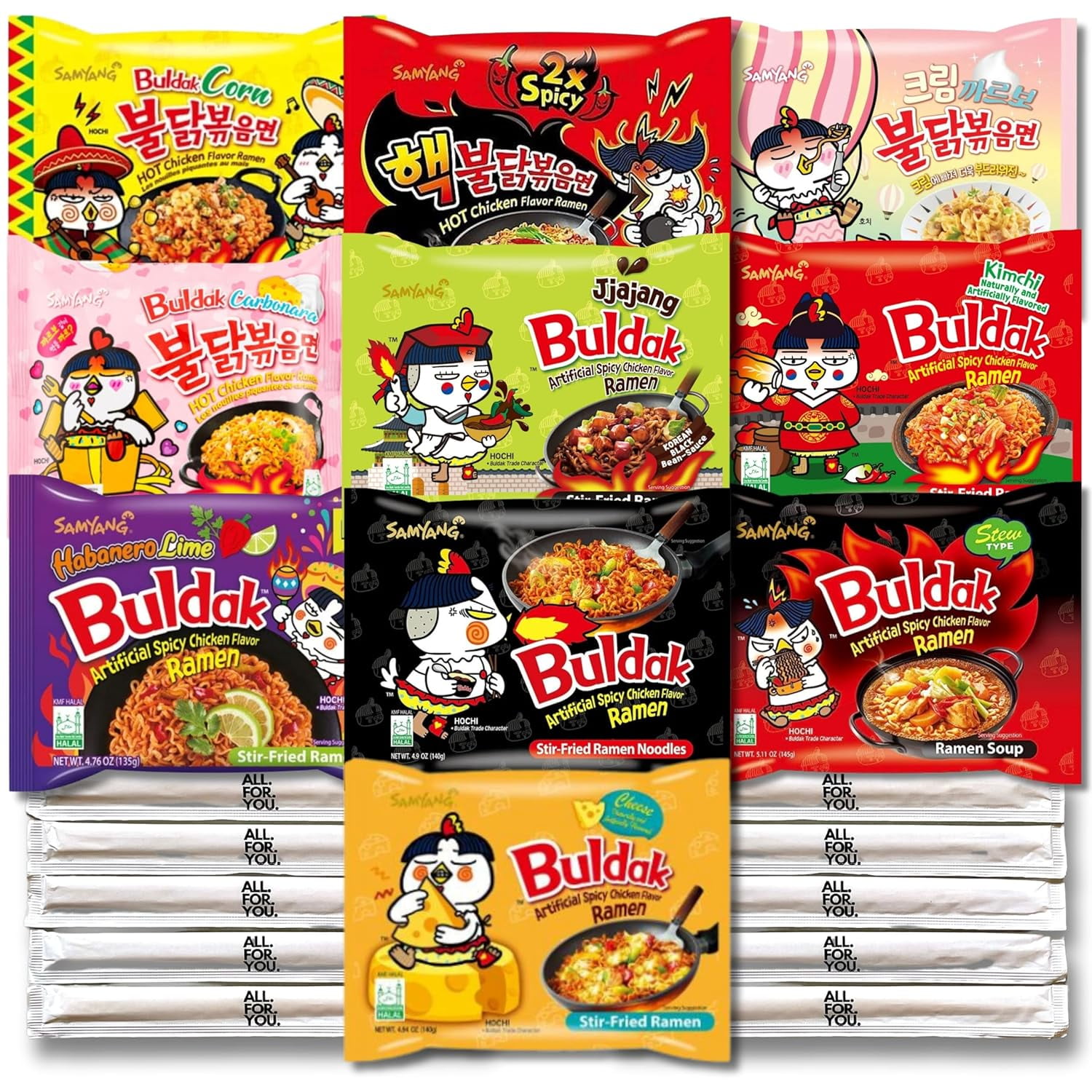 Buldak Ramen Noodles 10 Flavor Variety Combo - Original, 2x Spicy