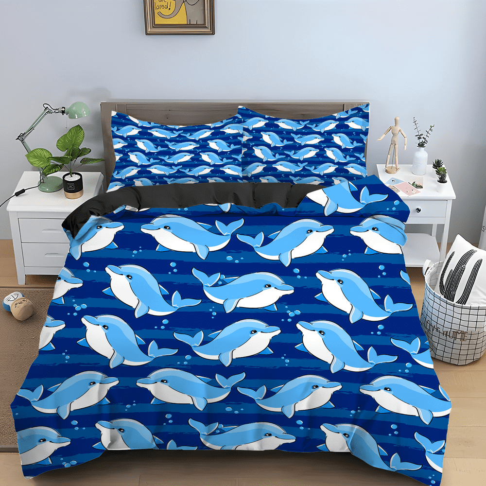 Bule Dolphin Whale King Duvet Cover Underwater World Bedding Set
