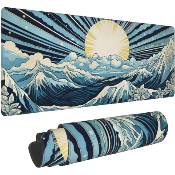 Bule Japanese Wave Sun Gaming Mouse Pad XL, Large Non Slip Rubber Mousepad, Stitched Edges Mouse Pads, Long Extended Mice Pad,31.5'''' X 11.8''''