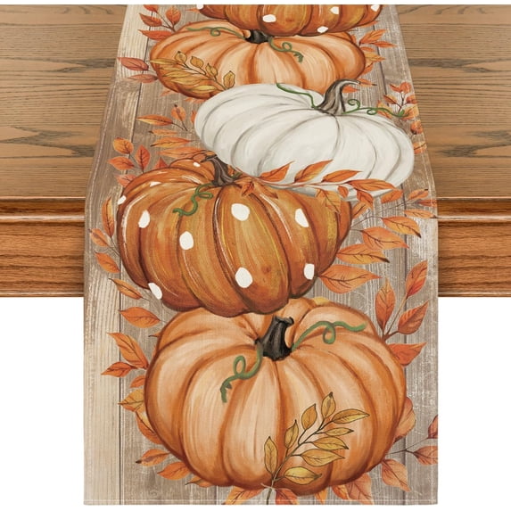 Bule Polka Dot Pumpkins Eucalyptus Wood Fall Table Runner Autumn Kitchen Home Dining Table
