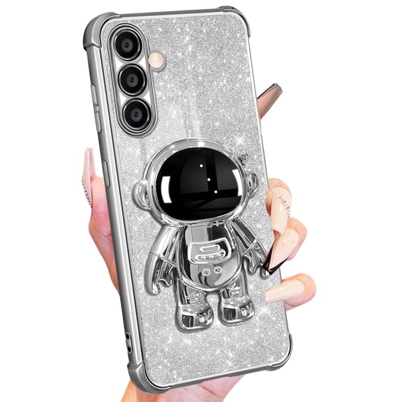 Buleens for Samsung Galaxy S24 Case for Women Girls Cute Astronaut Glitter Girly Sparkly Phone Cover with 6D Astronaut Hidden Stand Kickstand Design Sparkle Bling Cases for Samsung S24 6.2'' Silver