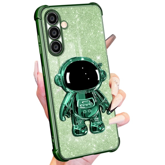Buleens for Samsung Galaxy S24 Case for Women Girls Cute Astronaut Glitter Girly Sparkly Phone Cover with 6D Astronaut Hidden Stand Kickstand Design Sparkle Bling Cases for Samsung S24 6.2'' Green