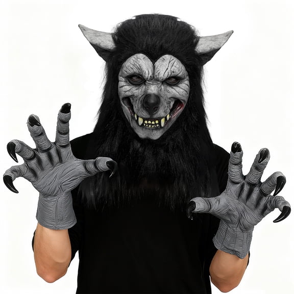 Bulex 2-in-1 Halloween Werewolf Full Mask with Claw Gloves for Adult Halloween Cosplay Costume Set for Haunted House Horror Dress Up Prop