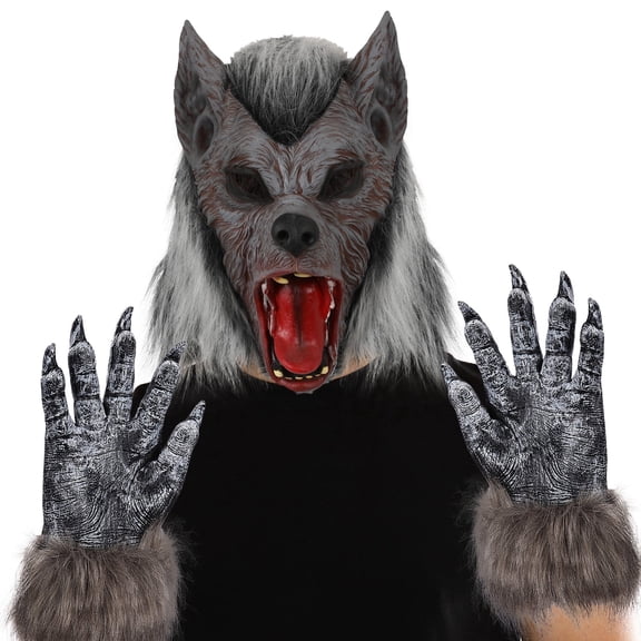 Bulex 2-in-1 Werewolf Latex Full Head Mask with Wolf Claw Gloves Halloween Cosplay Costume Set for Haunted House Horror Dress Up Prop