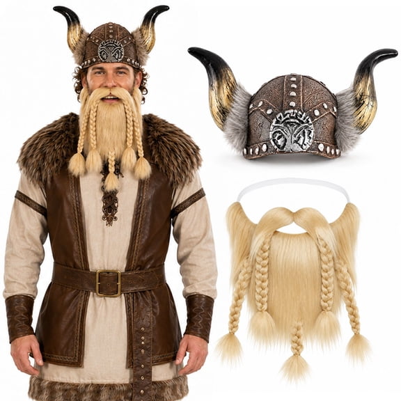 Bulex Adult Viking Horn Helmet with Braided Beard, Medieval Halloween Costume Accessories for Cosplay Renaissance Fair LARP Dressup