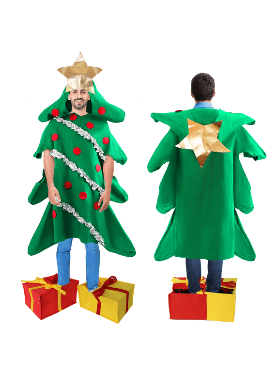 Adults Christmas Tree Costume with Present Shoes Covers, Xmas Holiday Outfit Party Dress-Up