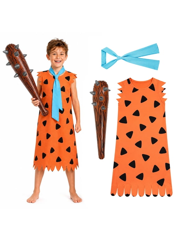 Caveman Costume for Kids, Orange Sleeveless Tunic Outfits with Tie & Inflatable Stick for Halloween Cosplay Party Dress-Up