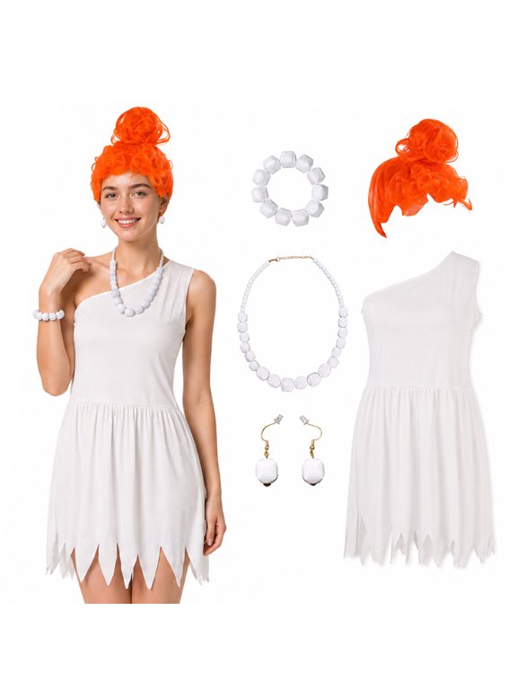 Caveman Costume for Women, Adult White Cavewoman Outfits One Shoulder Dress with Orange Wig, Necklace, Earrings & Bracelet for Halloween Cosplay Party Dress-Up
