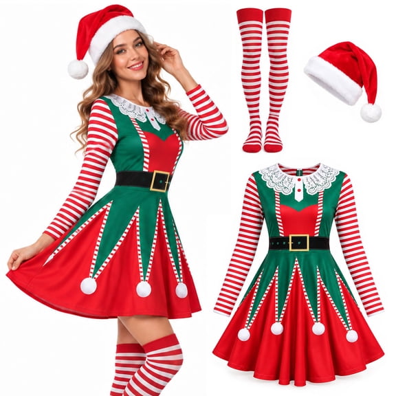 Bulex Christmas Elf Costume for Women, Adult Christmas Dress Outfit with Striped Socks & Santa Hat for Xmas Cosplay Holiday Party Dress-Up