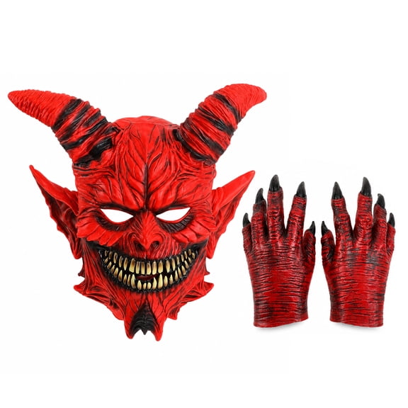 Bulex Demon Mask & Claw Gloves Set Realistic Latex Devil Full Face Mask for Halloween Costume Haunted House Dress-Up
